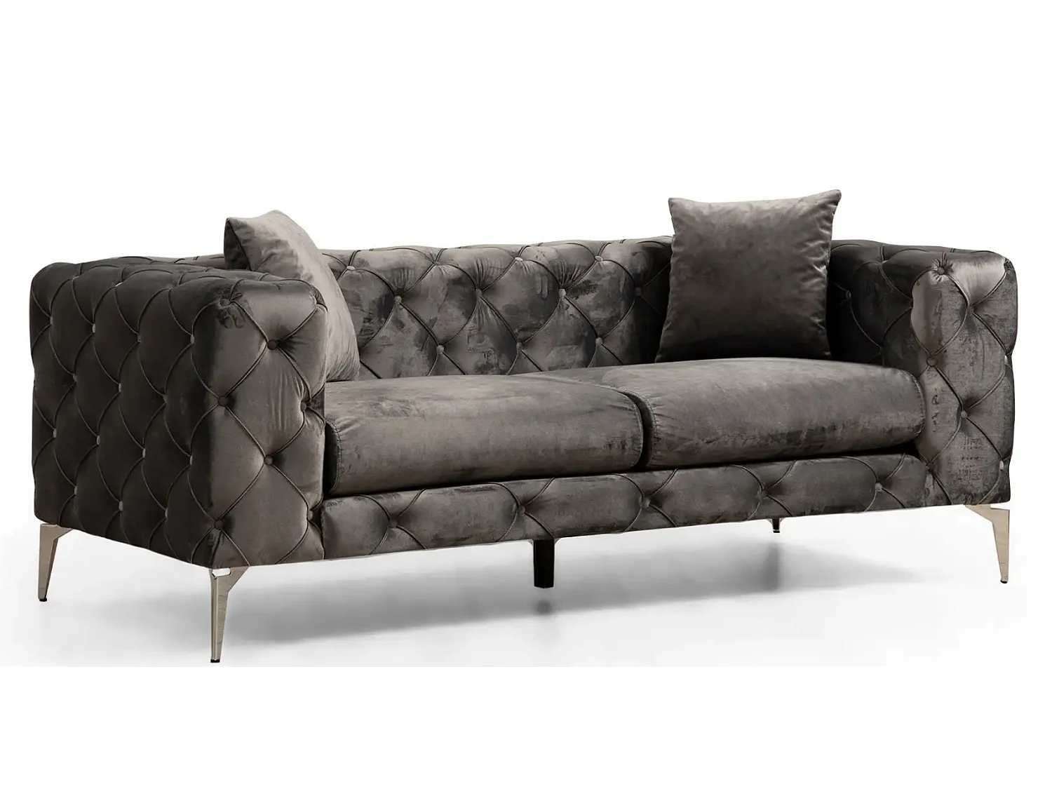 2-zitsbank gestoffeerd in donkergrijs fluweel en chromen poten Herakles 197 cm