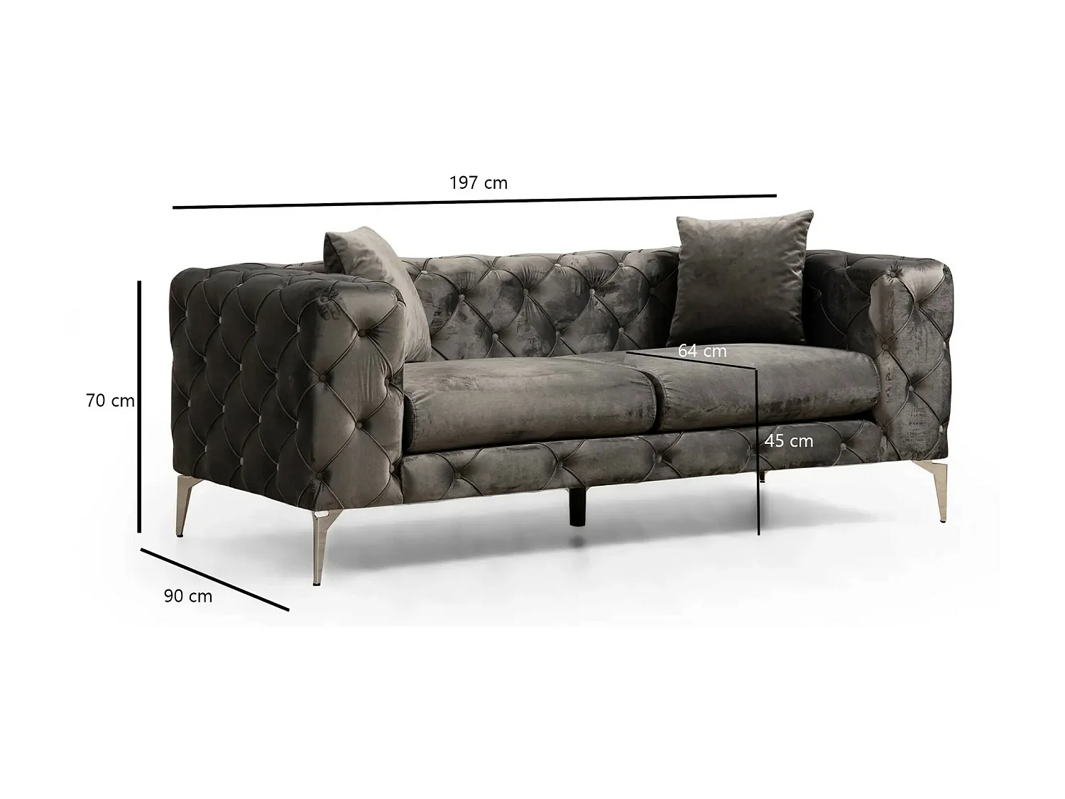 2-zitsbank gestoffeerd in donkergrijs fluweel en chromen poten Herakles 197 cm