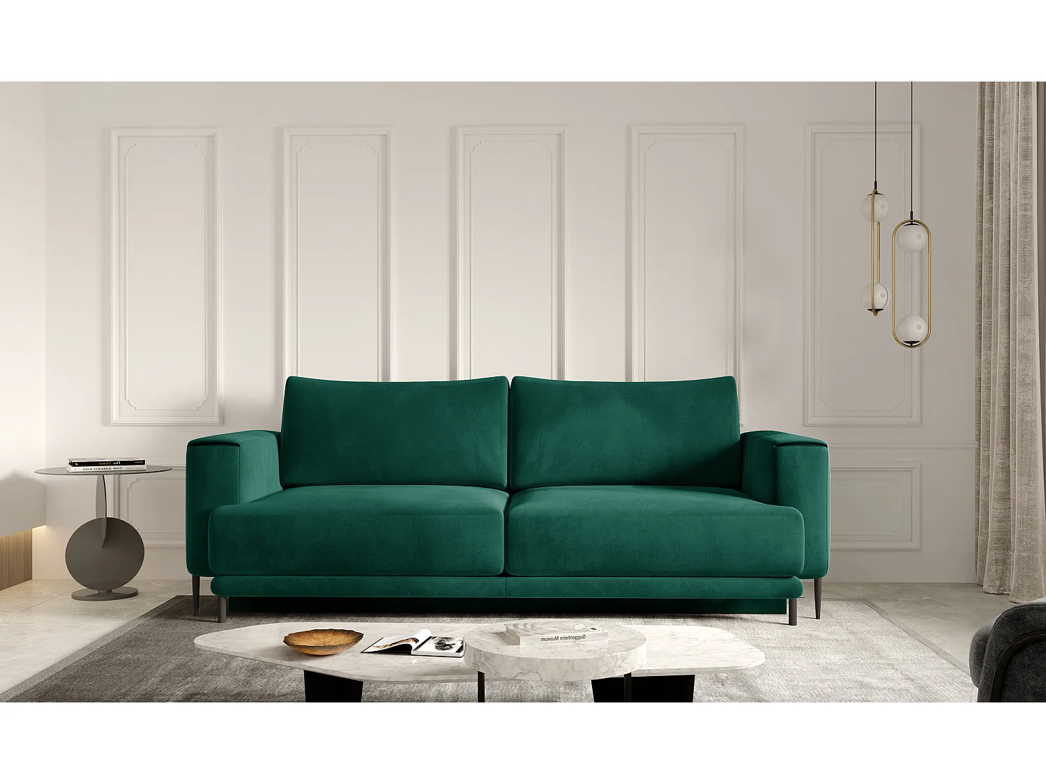 Sofá convertible recto de tela DAVINA con compartimento de almacenamiento - Patas de metal negro-Color Verde