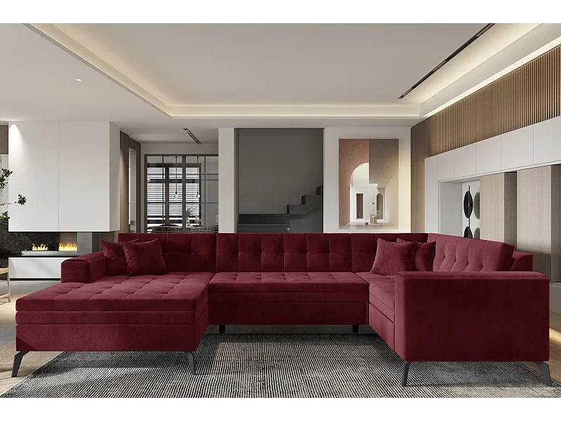 Canapé panoramique convertible gauche tissu bordeaux matelassé Bonty 340cm