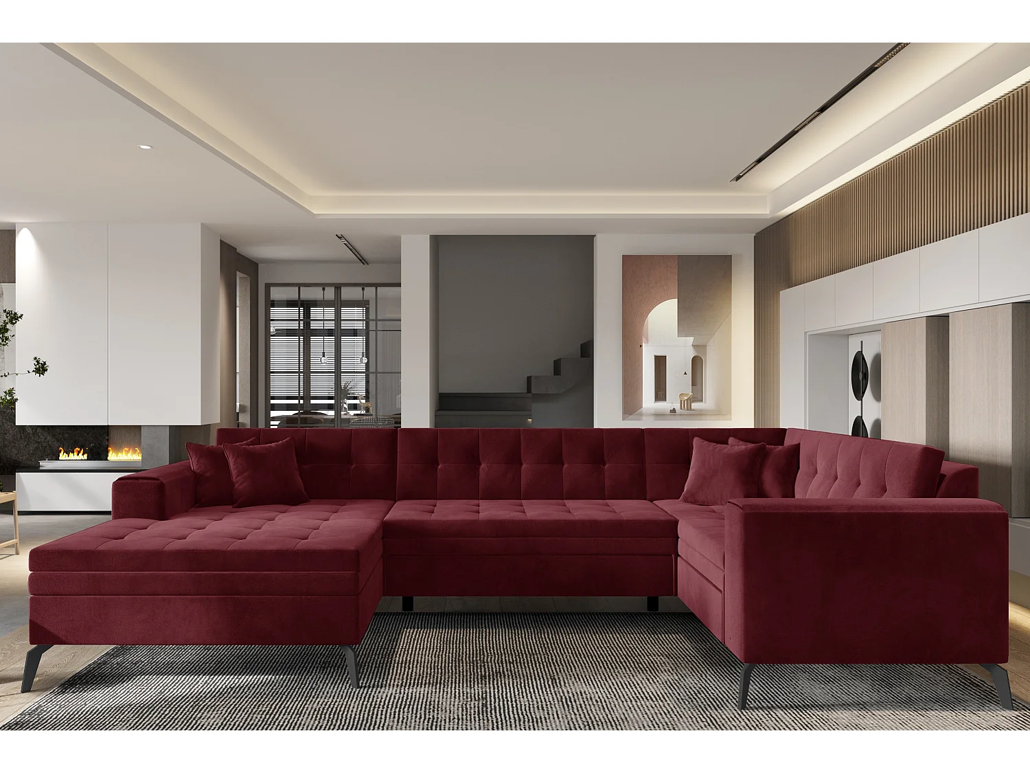 Canapé panoramique convertible gauche tissu bordeaux matelassé Bonty 340cm