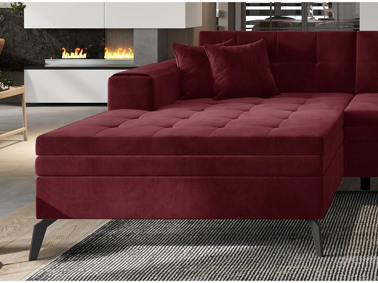 Canapé panoramique convertible gauche tissu bordeaux matelassé Bonty 340cm