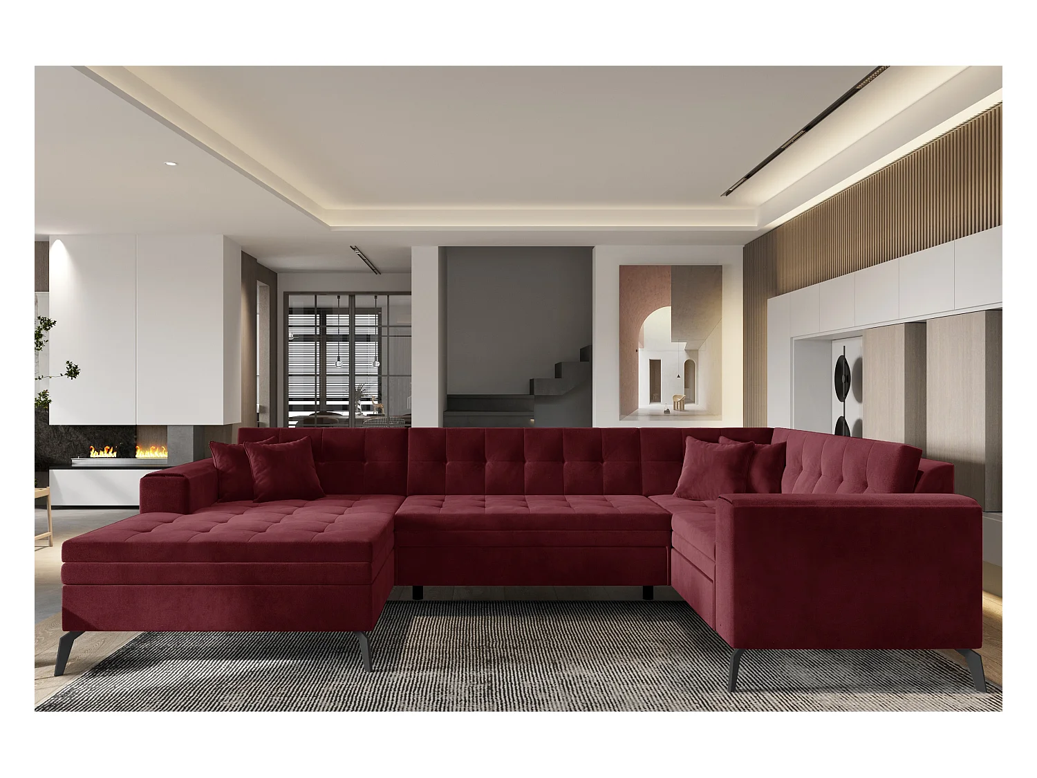 Canapé panoramique convertible gauche tissu bordeaux matelassé Bonty 340cm