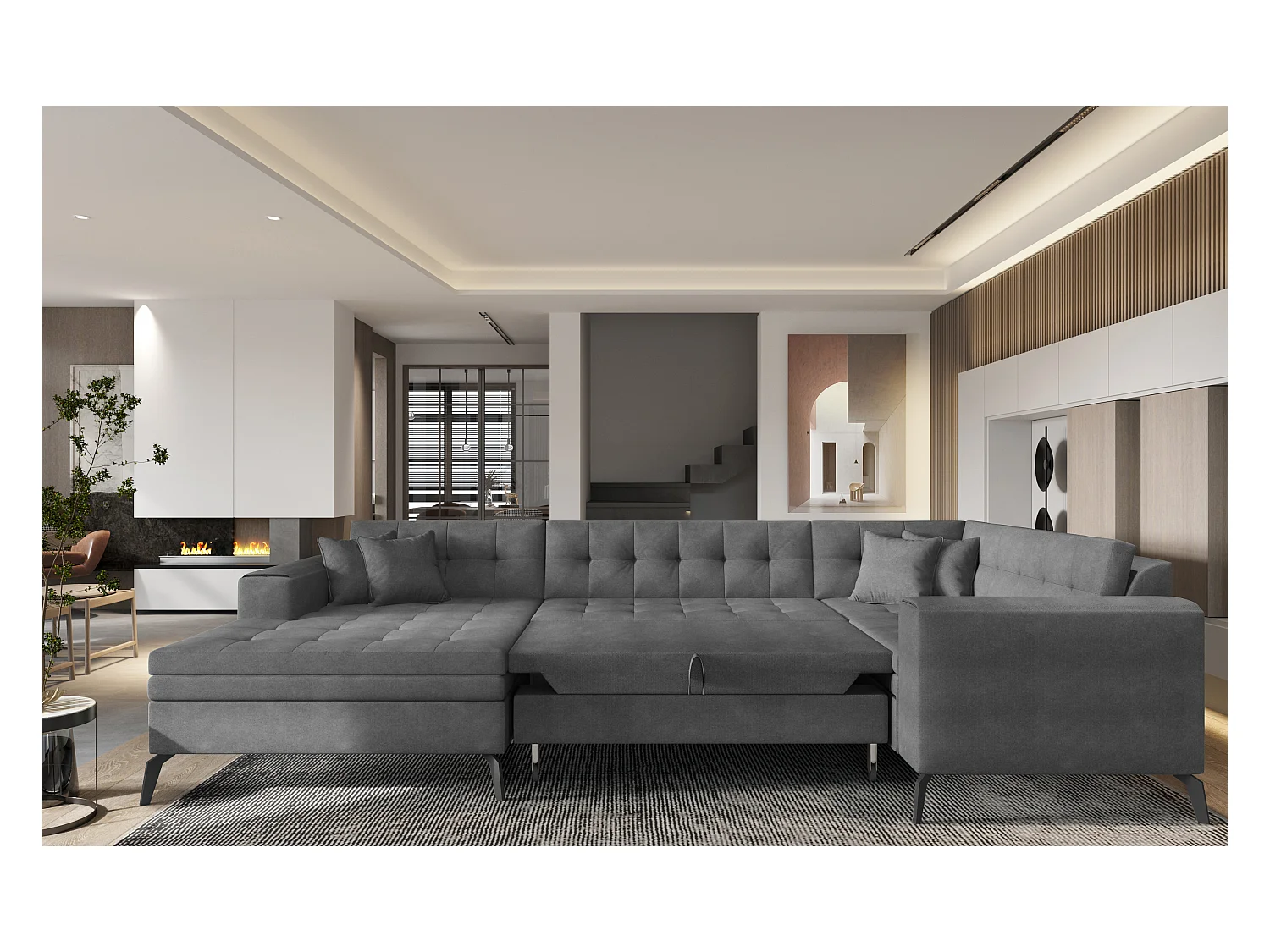 Canapé panoramique convertible gauche tissu bordeaux matelassé Bonty 340cm