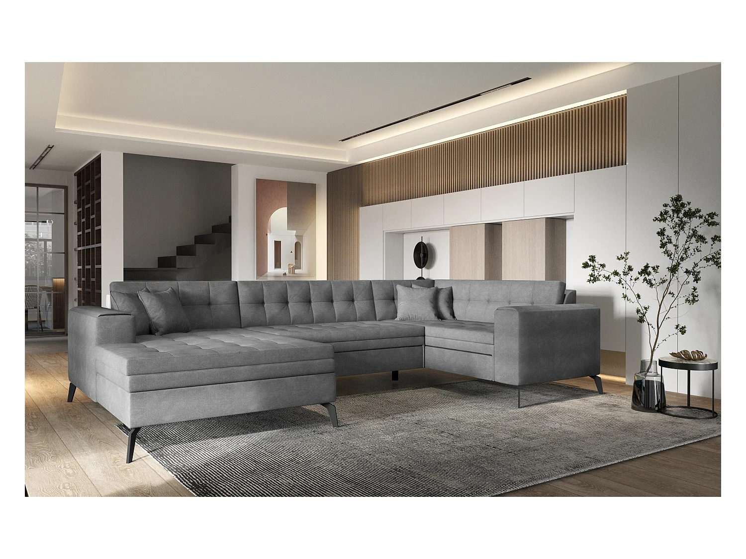 Canapé panoramique convertible gauche tissu bordeaux matelassé Bonty 340cm