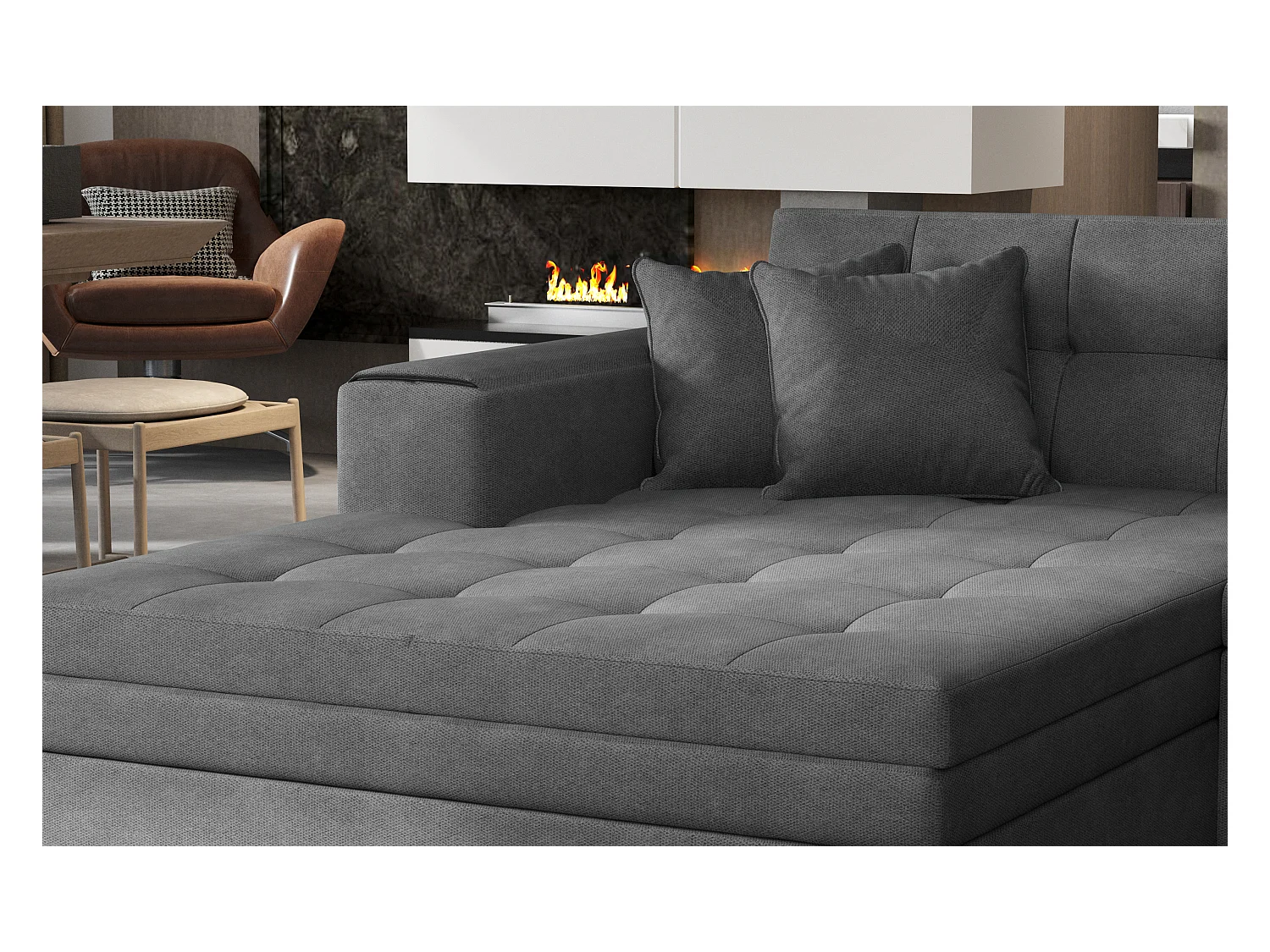 Canapé panoramique convertible gauche tissu bordeaux matelassé Bonty 340cm