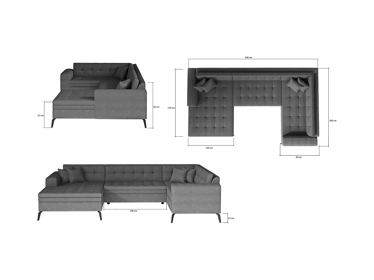 Canapé panoramique convertible gauche tissu bordeaux matelassé Bonty 340cm