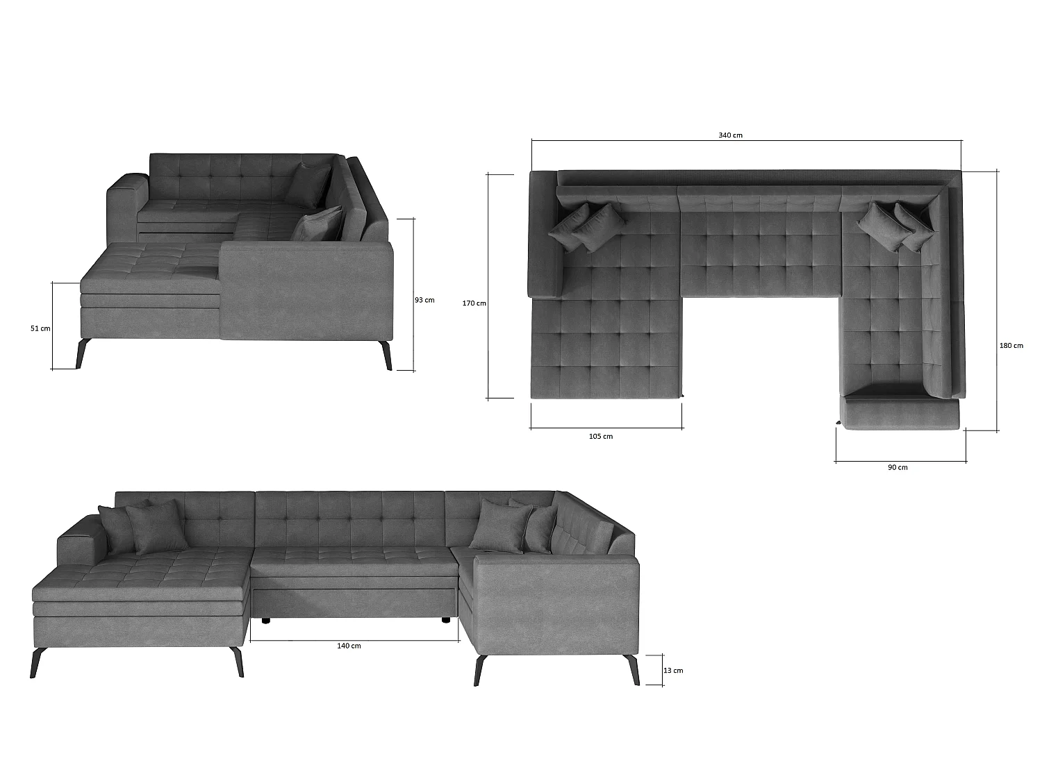 Canapé d'angle panoramique convertible 5 places en tissu matelasse bordeaux