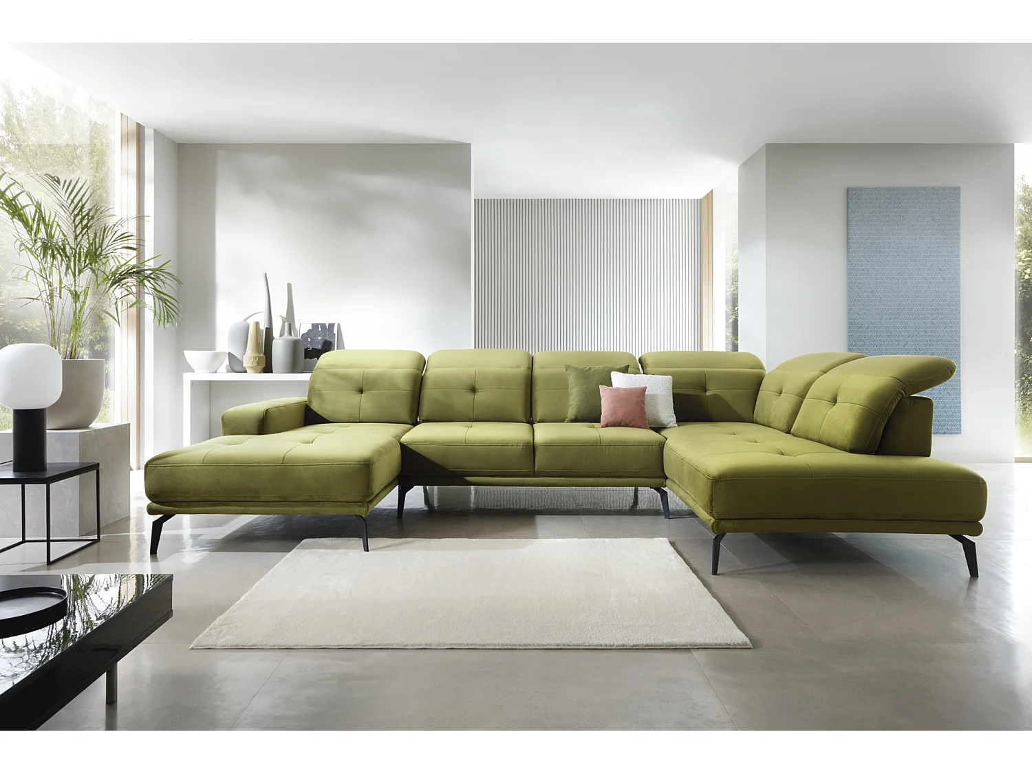 Canapé panoramique moderne velours vert kaki têtières angle droit Versus 350cm