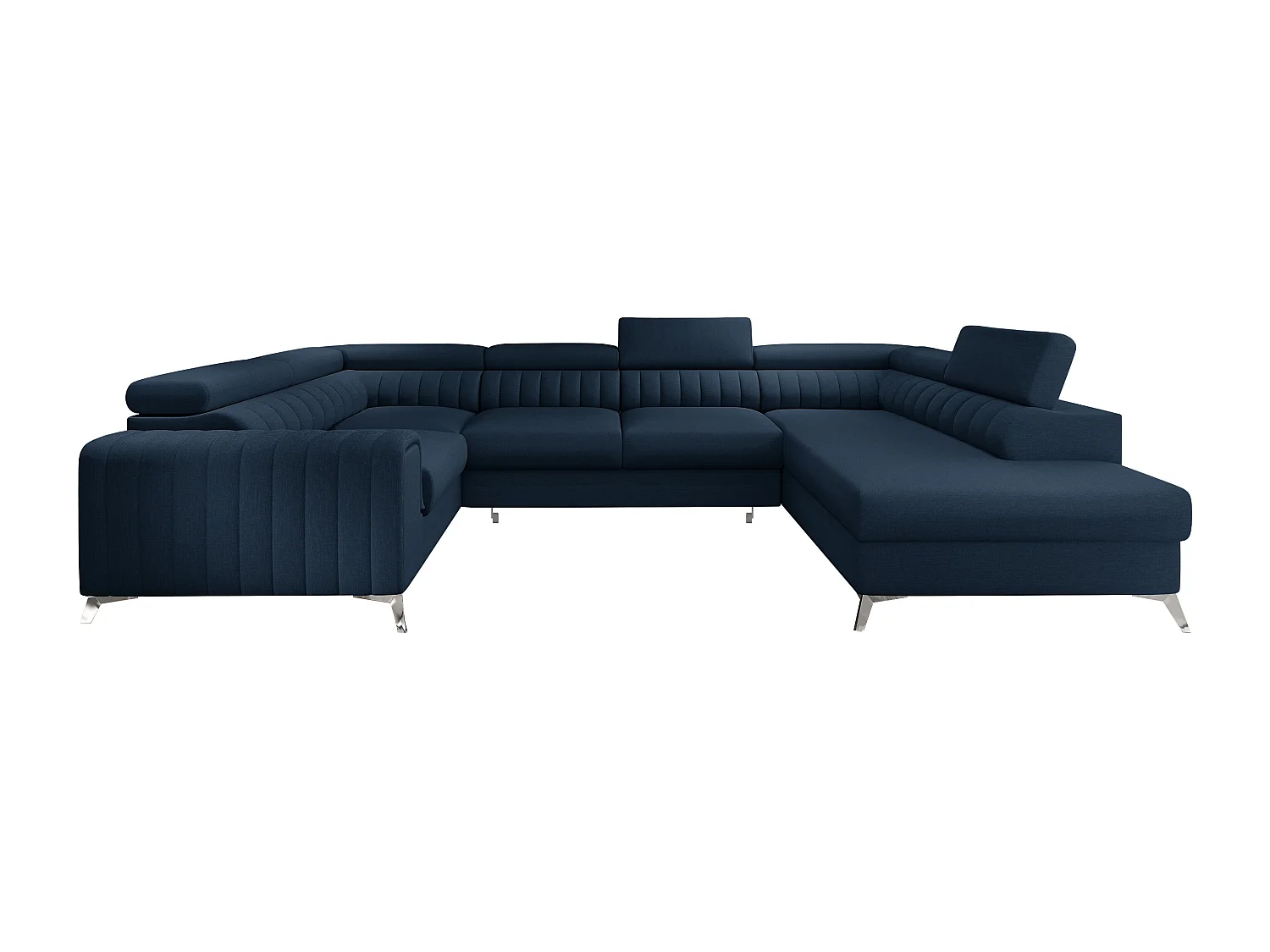 Canapé panoramique convertible tissu bleu marine avec coffre de rangement Louve 340cm-Coffre de rangement à droite
