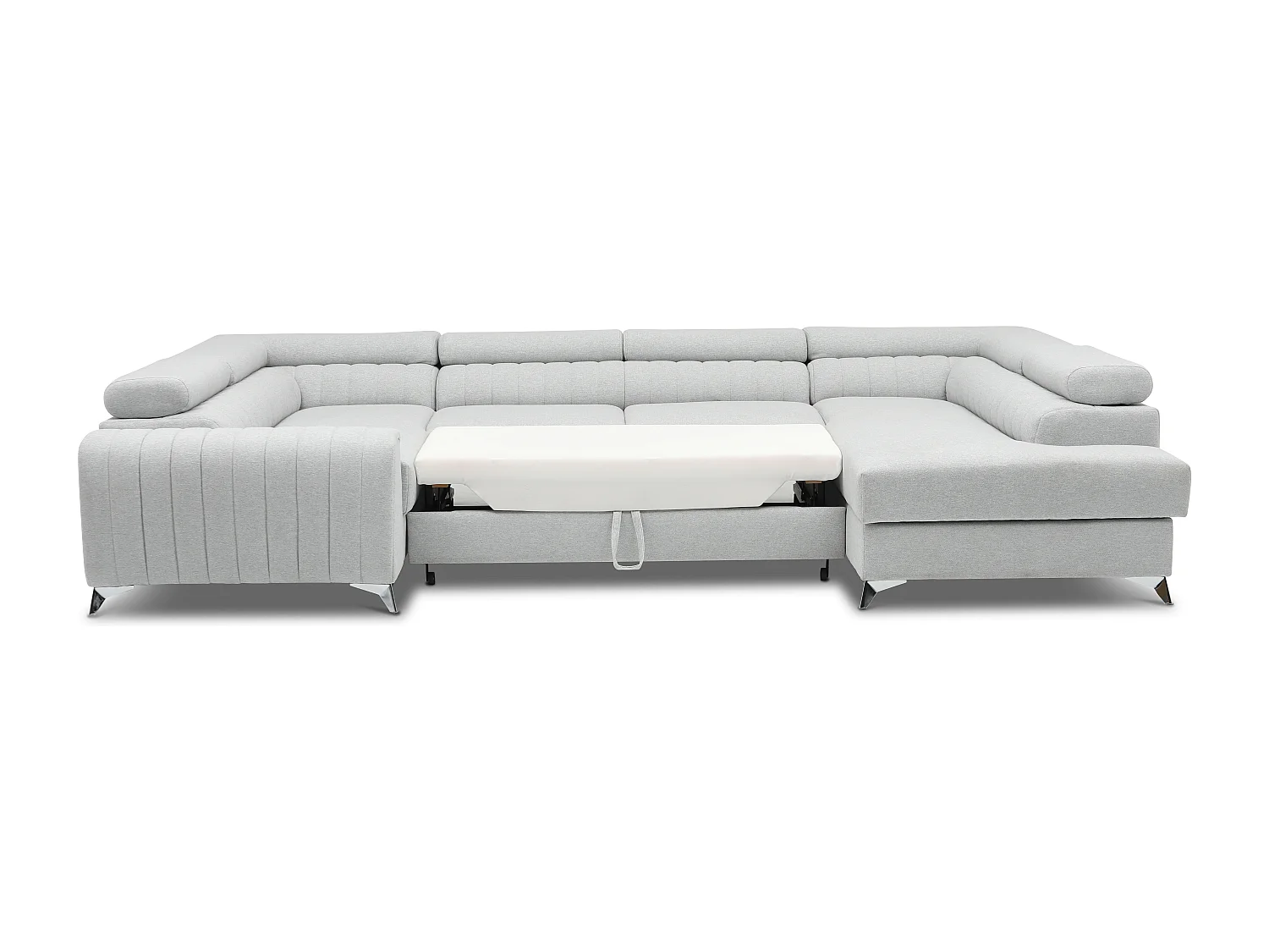 Canapé panoramique convertible tissu bleu marine avec coffre de rangement Louve 340cm-Coffre de rangement à droite