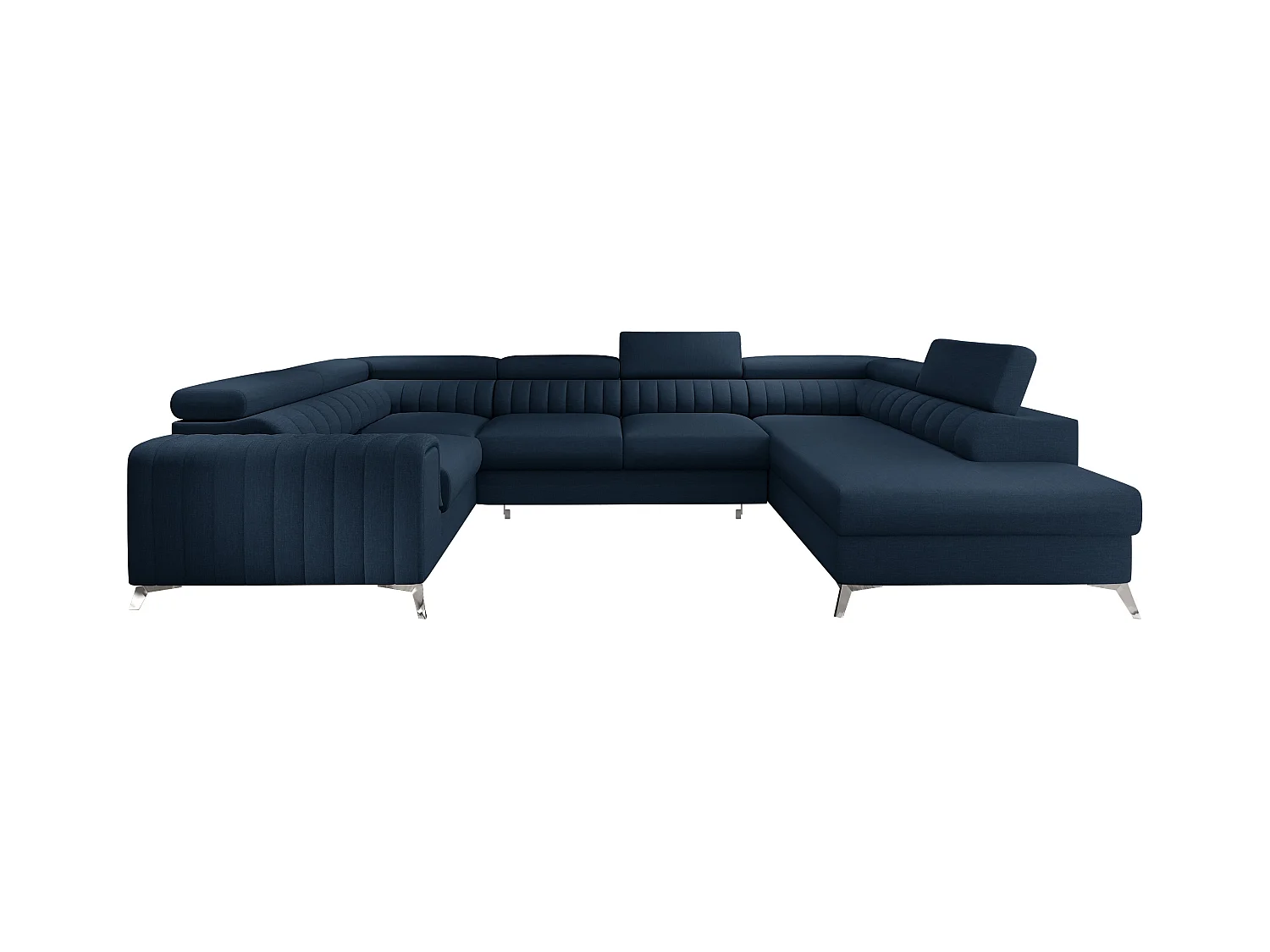 Canapé panoramique convertible tissu bleu marine avec coffre de rangement Louve 340cm-Coffre de rangement à droite