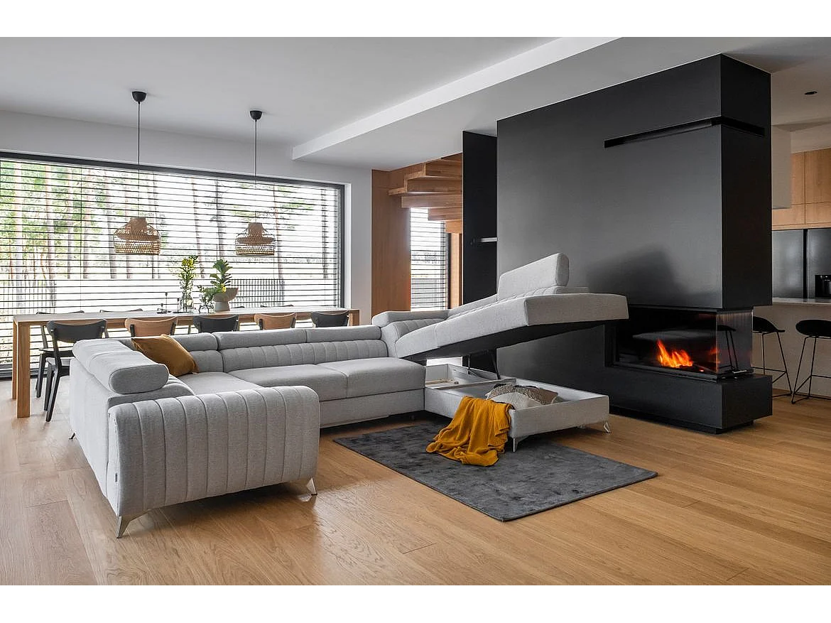 Canapé panoramique convertible tissu bleu marine avec coffre de rangement Louve 340cm-Coffre de rangement à droite