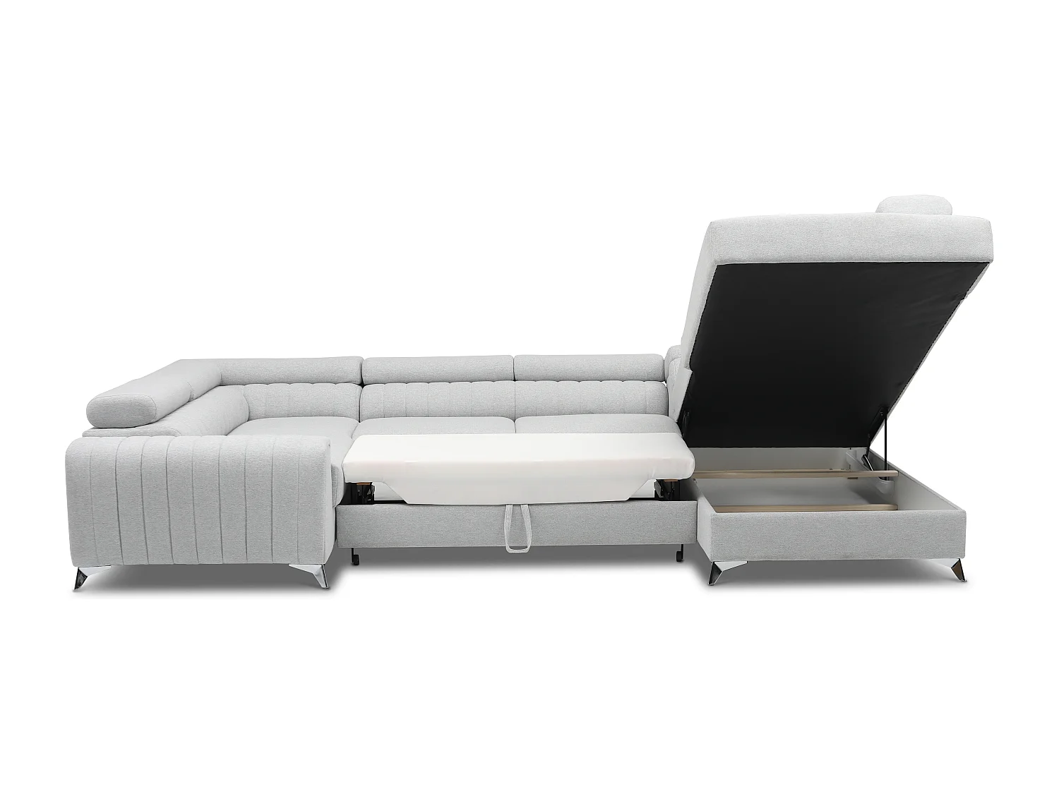 Canapé panoramique convertible tissu bleu marine avec coffre de rangement Louve 340cm-Coffre de rangement à droite