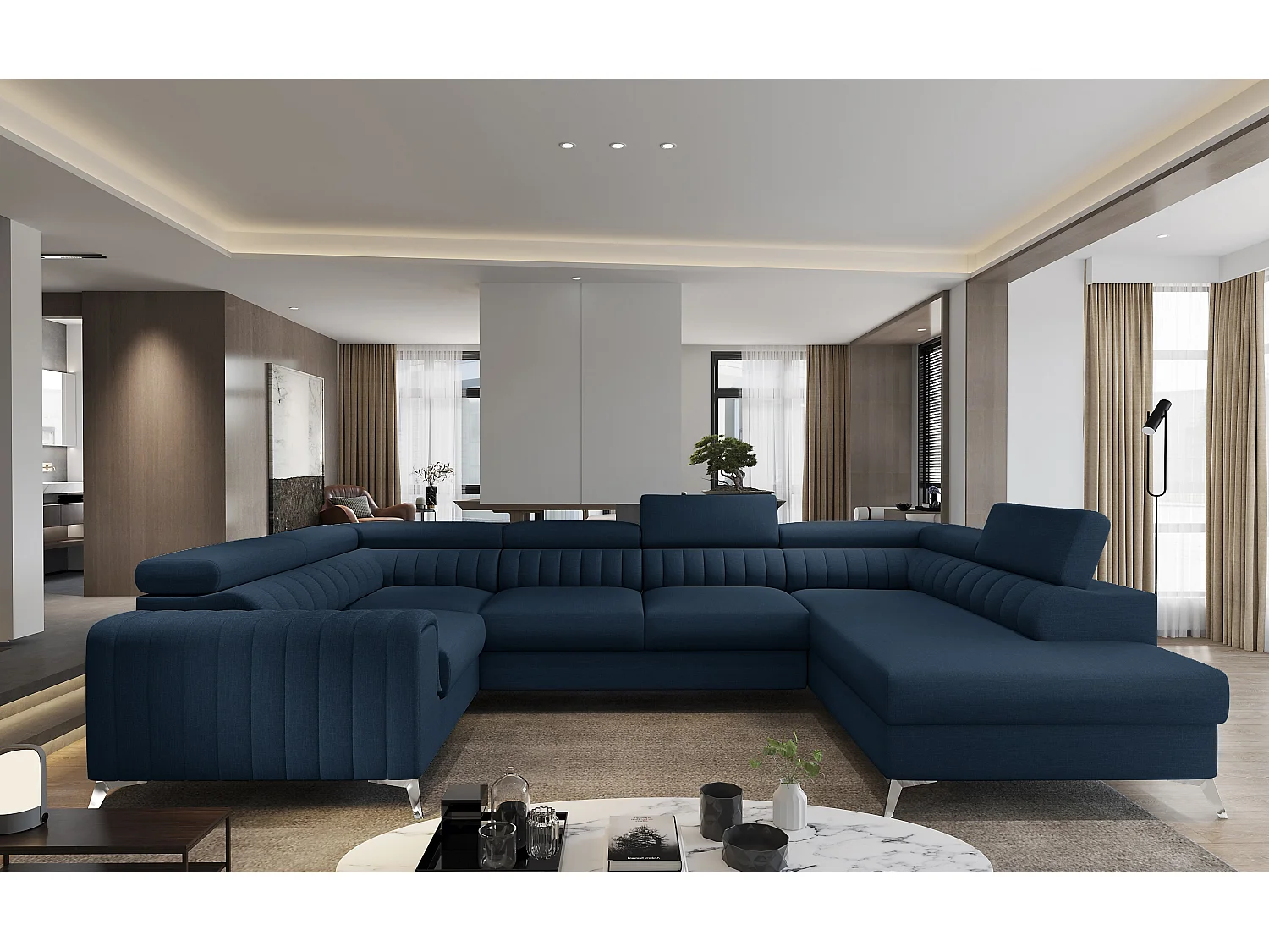 Sofá panorámico convertible de tela LOUVE - Almacenamiento y reposacabezas ajustables-Azul oscuro-Caja Lado derecho