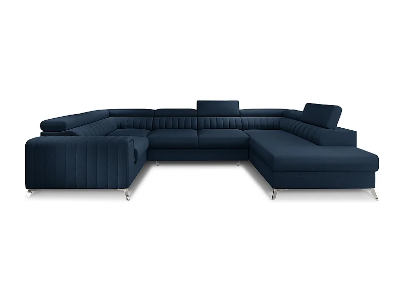 Canapé panoramique convertible LOUVE tissu - Rangement et têtières réglables-Bleu foncé-Coffre à droite