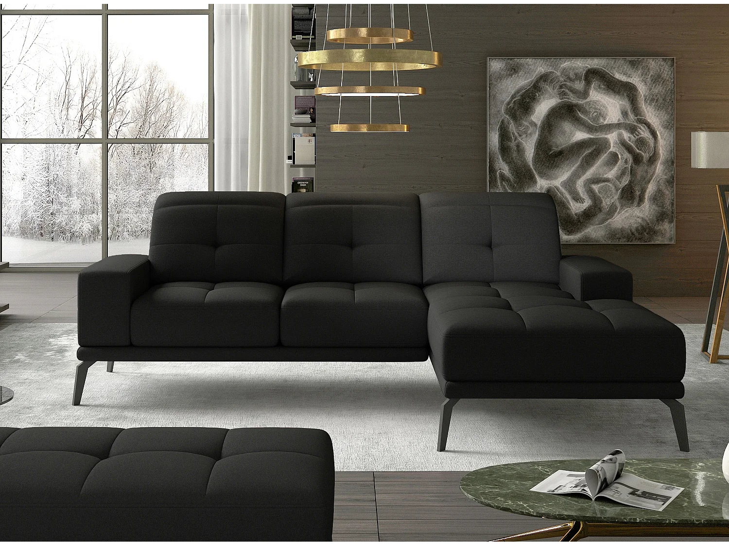 Canapé d'angle droit 5 places tissu noir Torpille 265cm