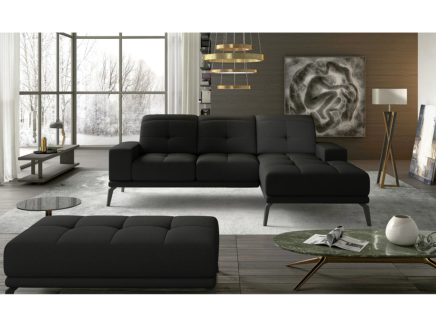 Canapé d'angle droit 5 places tissu noir Torpille 265cm