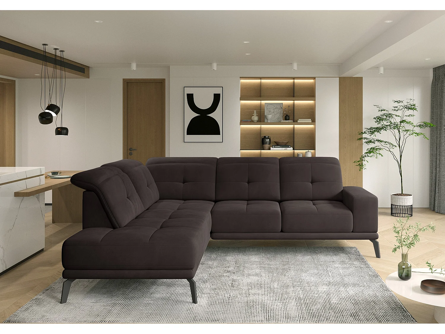 Canapé d'angle gauche design matelassé tissu doux brillant marron et pied noir Kazane 275cm