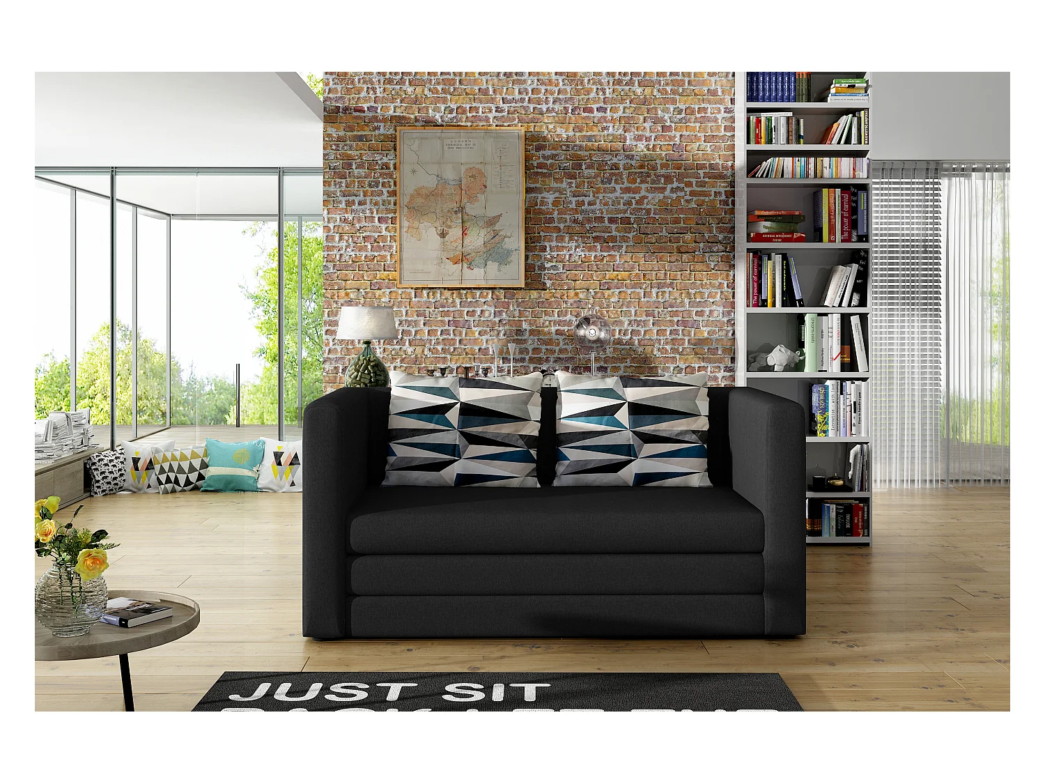 Petit canapé convertible tissu noir Mouva 132cm