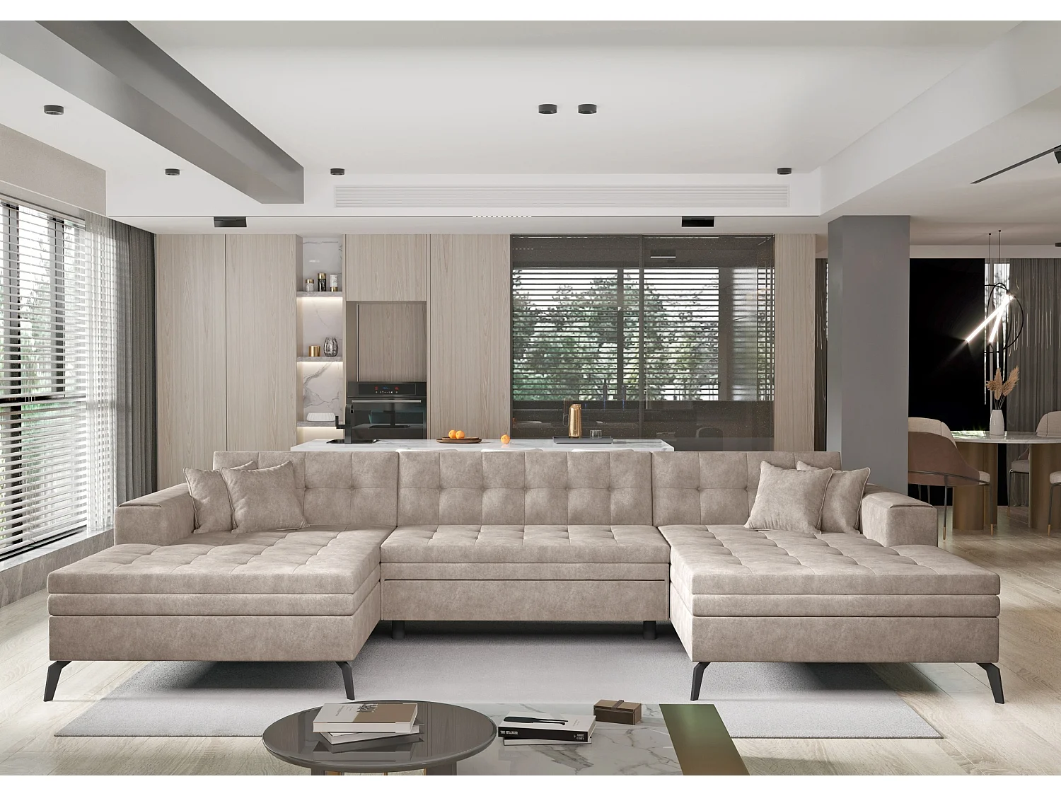 Panoramische slaapbank in lichtbeige gewatteerde stof met leereffect Romy 350 cm