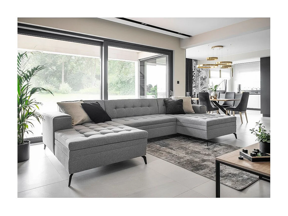 Panoramische slaapbank in lichtbeige gewatteerde stof met leereffect Romy 350 cm