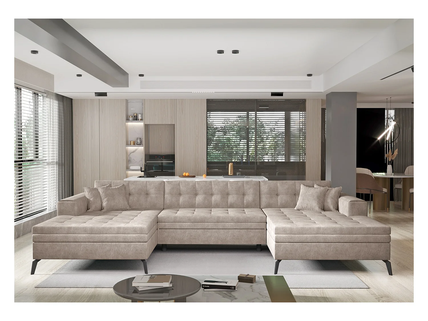 Canapé panoramique convertible tissu capitonné effet cuir beige clair Romy 350cm
