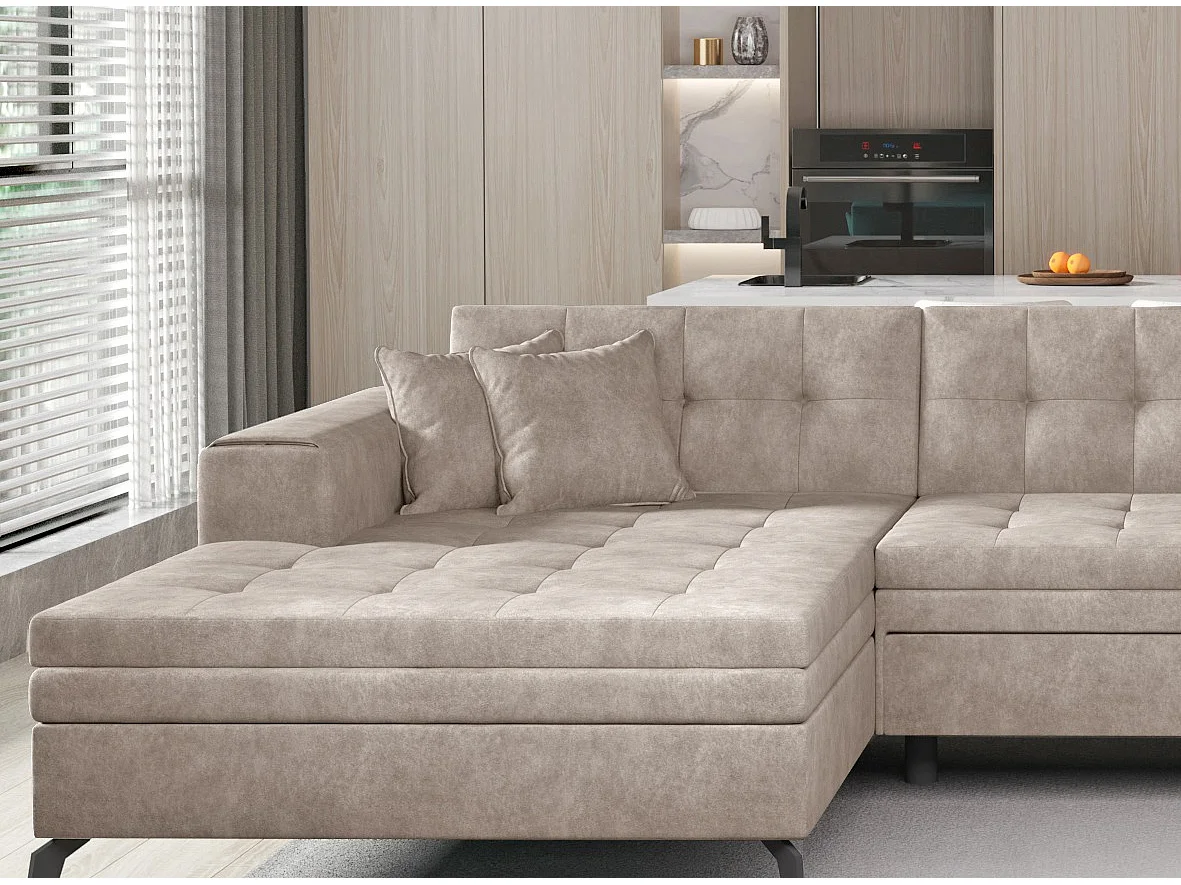 Canapé panoramique convertible tissu capitonné effet cuir beige clair Romy 350cm