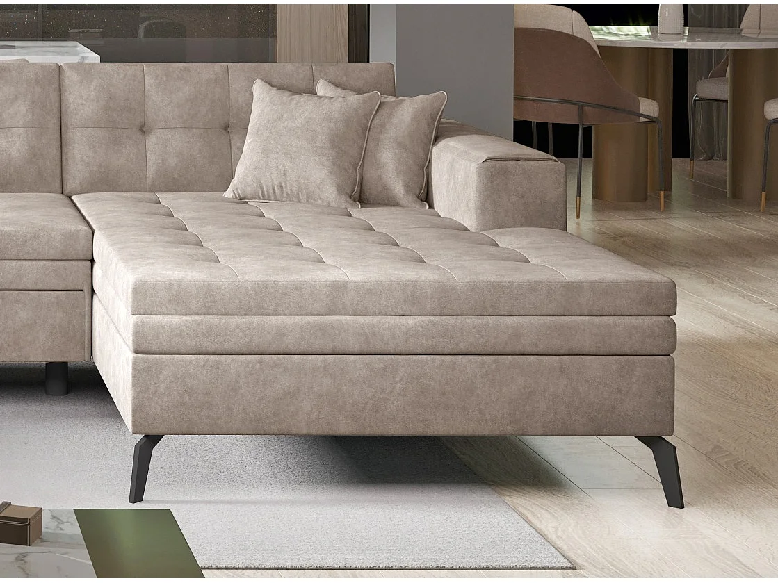 Canapé d'angle panoramique convertible 5 places en cuir capitonné beige ROMY
