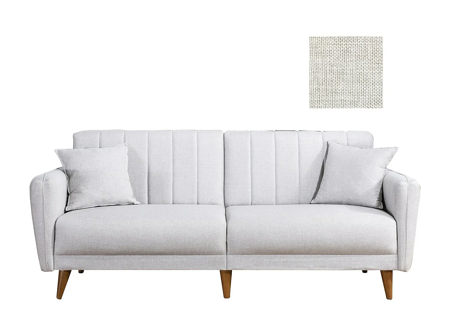 Canapé lit 3 places tissu lin crème et pieds bois naturel Shekal 210cm