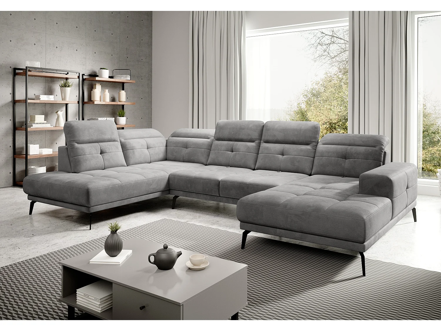 Canapé panoramique moderne tissu gris têtières angle gauche Versus 350cm