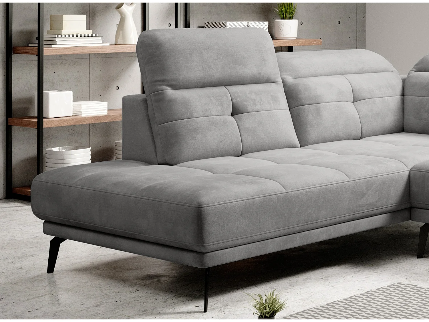 Canapé panoramique moderne tissu gris têtières angle gauche Versus 350cm