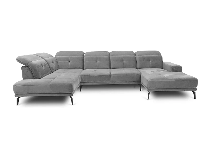 Canapé panoramique moderne tissu gris têtières angle gauche Versus 350cm