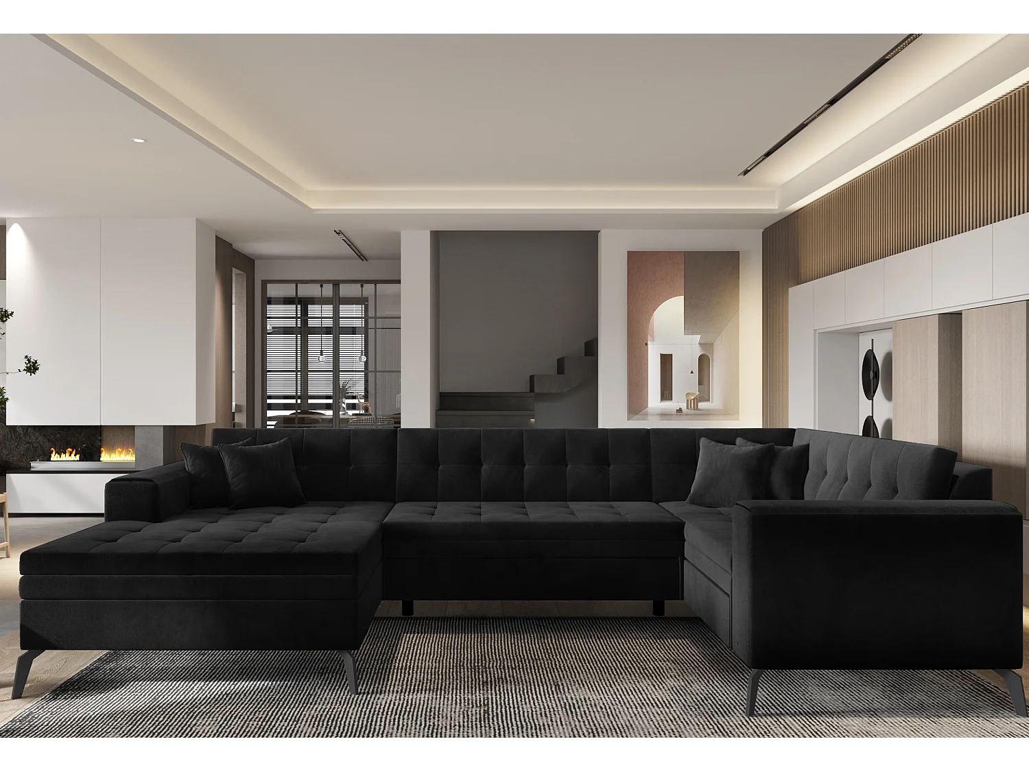 Canapé panoramique convertible gauche tissu noir matelassé Bonty 340cm