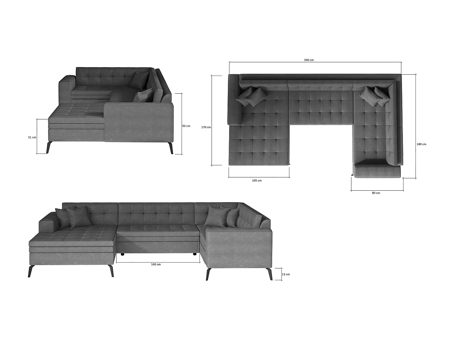 Canapé panoramique convertible gauche tissu noir matelassé Bonty 340cm