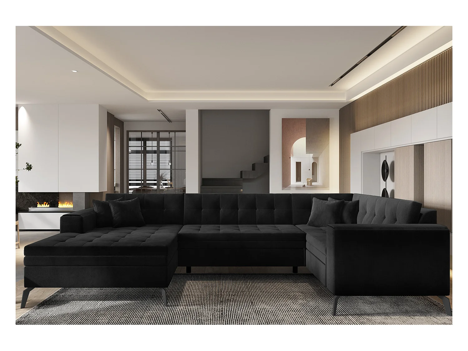 Canapé panoramique convertible gauche tissu noir matelassé Bonty 340cm