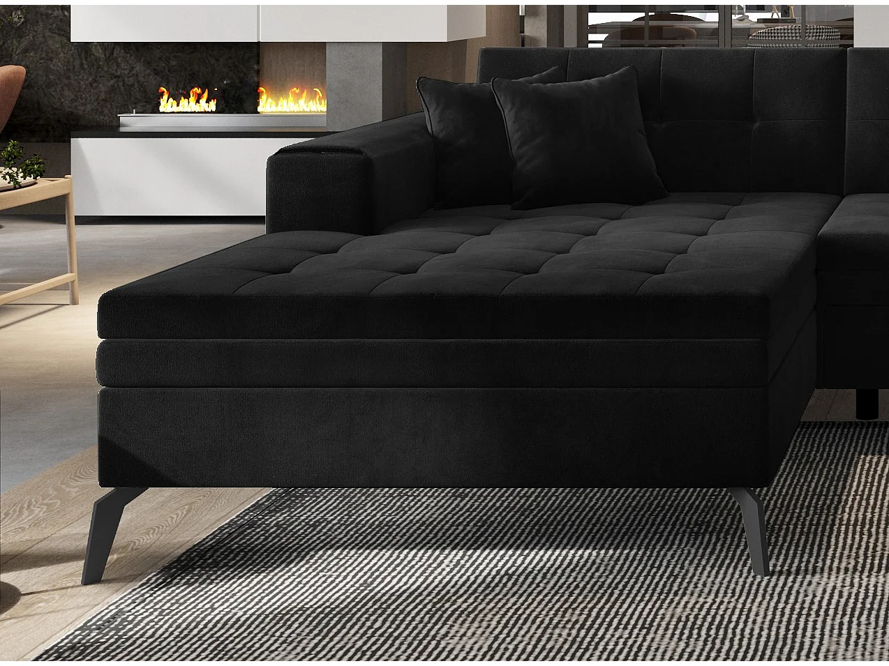 Canapé d'angle panoramique convertible 5 places en tissu matelasse noir