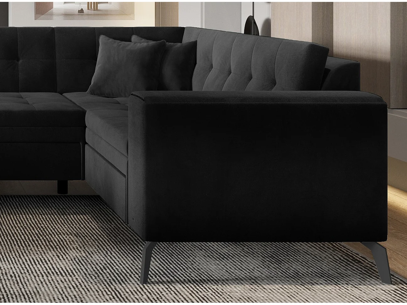 Canapé d'angle panoramique convertible 5 places en tissu matelasse noir