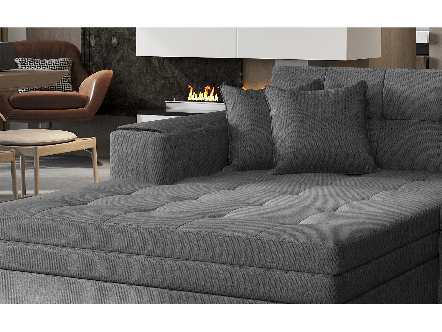 Canapé d'angle panoramique convertible 5 places en tissu matelasse noir