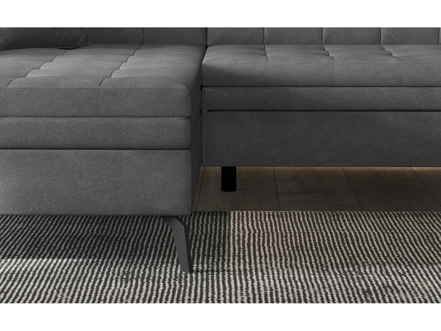 Canapé d'angle panoramique convertible 5 places en tissu matelasse noir