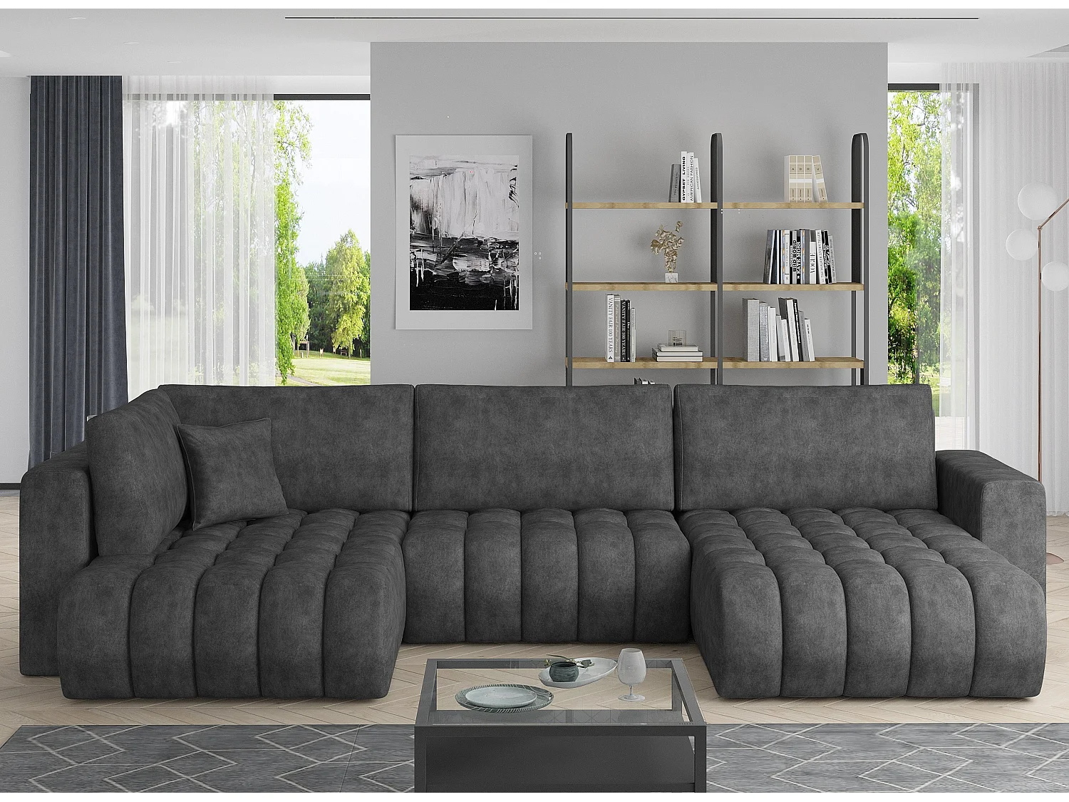 Canapé panoramique convertible design capitonné tissu effet cuir gris foncé méridienne droite Boston 350cm
