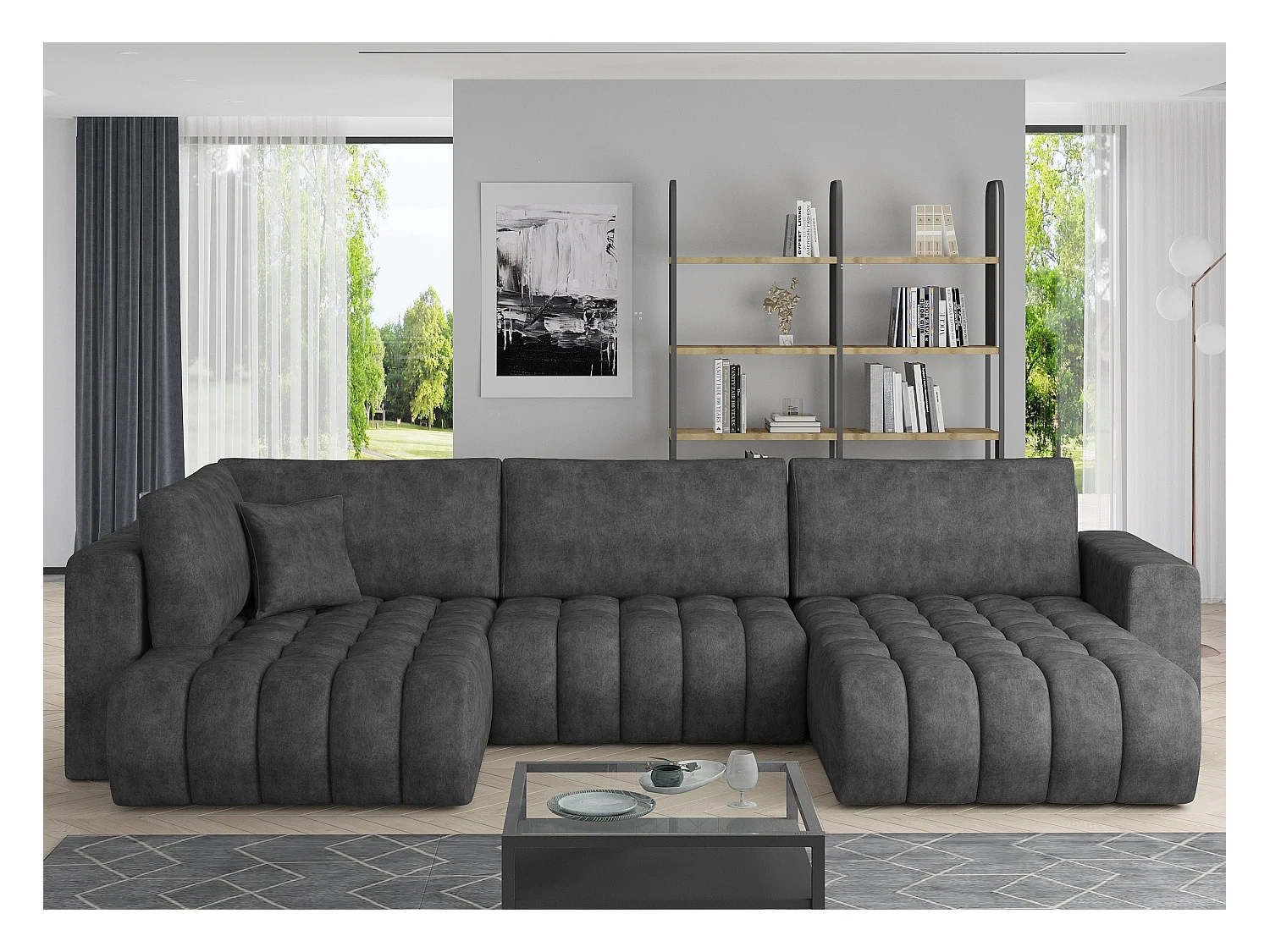 Panoramische converteerbare designbank gecapitonneerd donkergrijs leereffect stof rechts chaise longue Boston 350 cm
