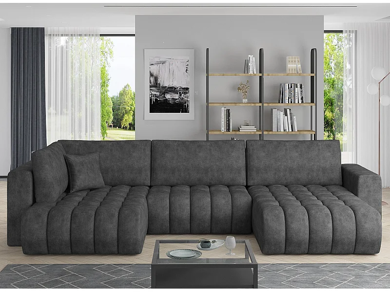 Canapé panoramique convertible design capitonné tissu effet cuir gris foncé méridienne droite Boston 350cm