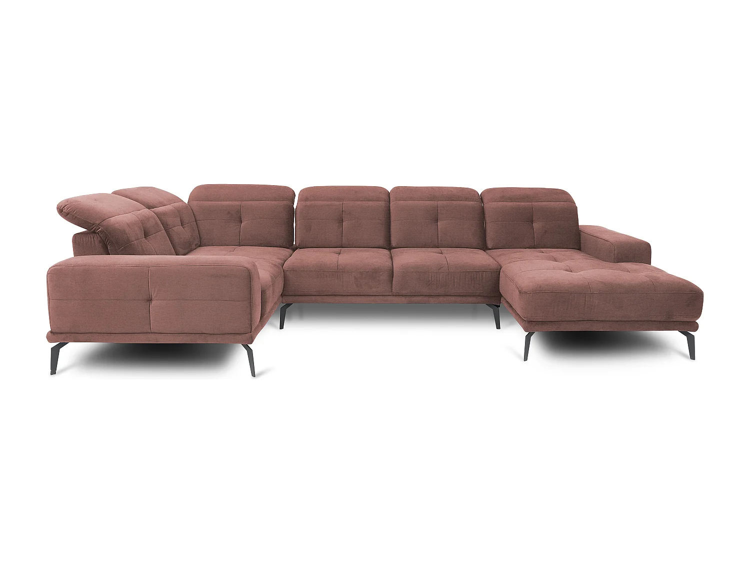 Panoramische designbank in roze stof, hoekhoofdsteunen links, met Stan armleuning, 350 cm