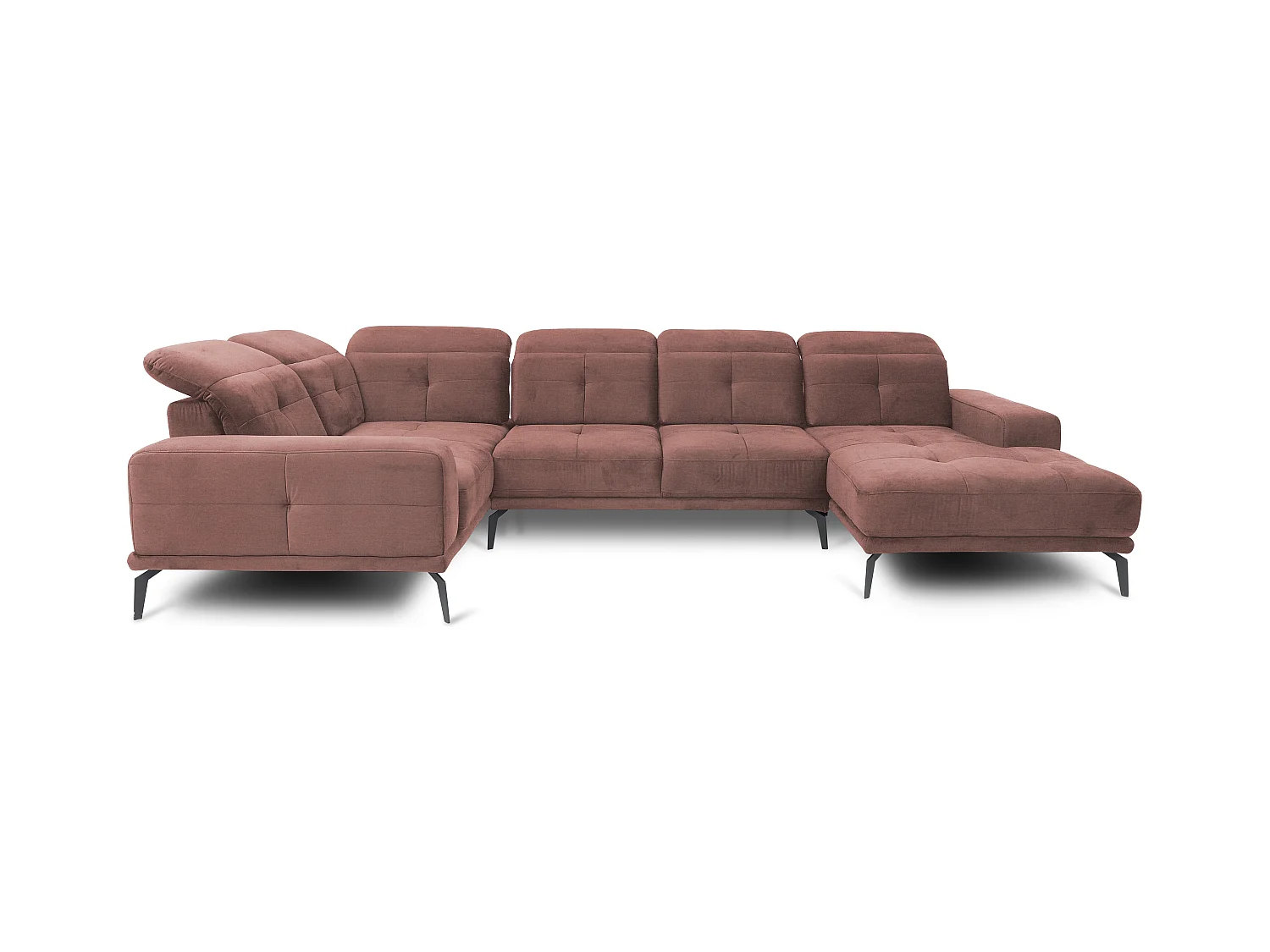 Canapé panoramique design tissu rose têtières angle gauche avec accoudoir Stan 350cm