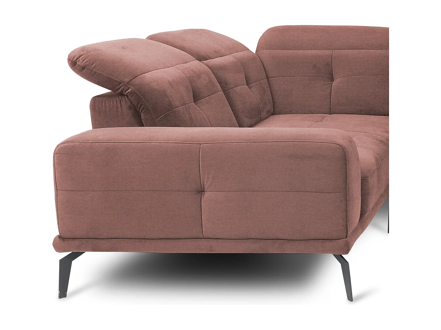 Canapé panoramique design tissu rose têtières angle gauche avec accoudoir Stan 350cm