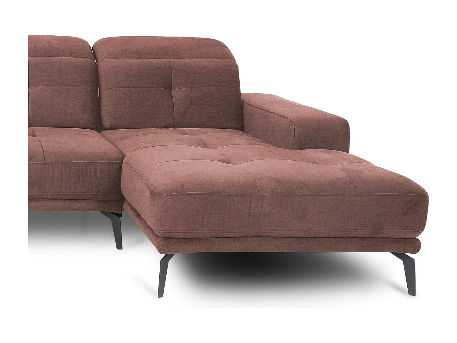 Canapé panoramique design tissu rose têtières angle gauche avec accoudoir Stan 350cm