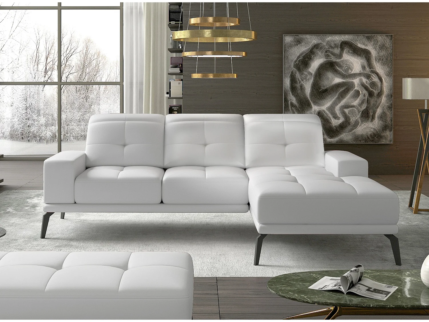 Canapé d'angle droit 5 places simili cuir blanc Torpille 265cm