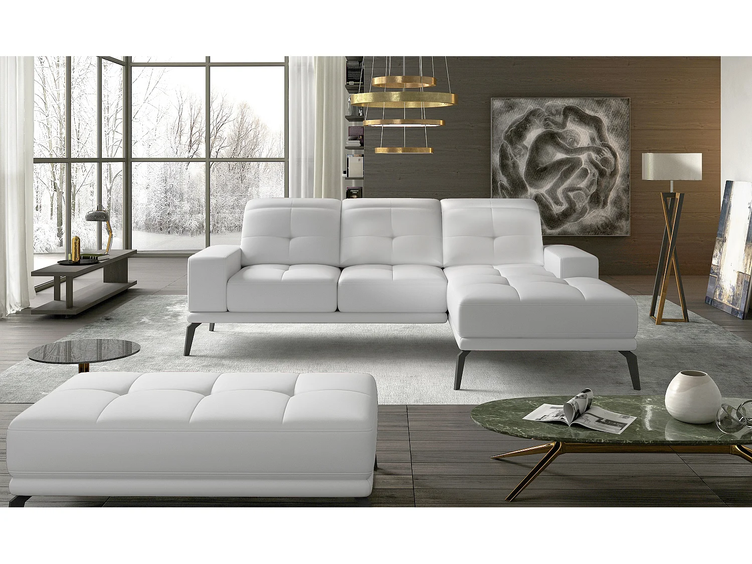 Canapé d'angle droit 5 places simili cuir blanc Torpille 265cm