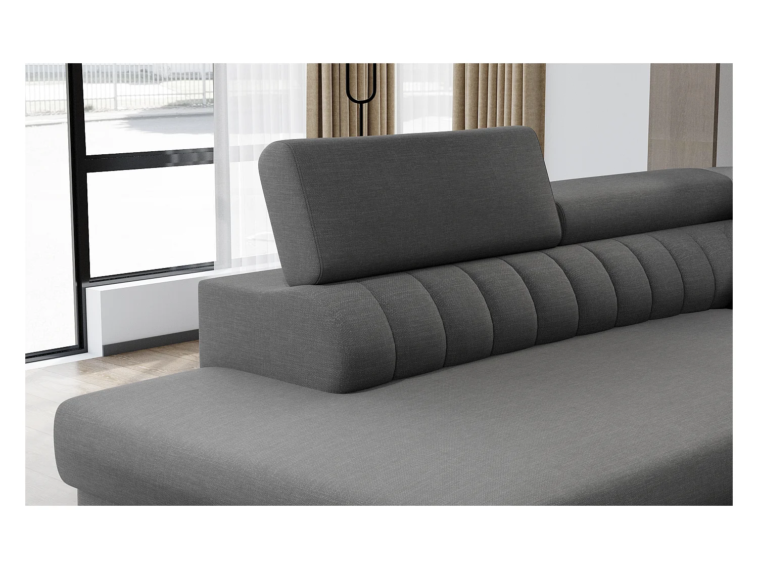 Canapé panoramique convertible simili cuir noir avec coffre de rangement Louve 340cm-Coffre de rangement à gauche